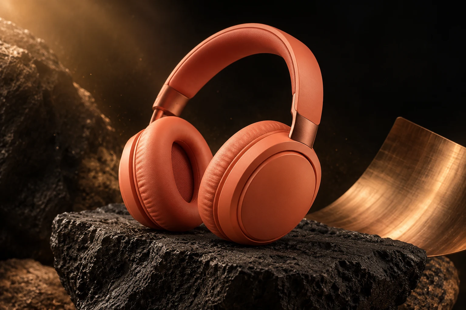 Coral headphones on dark volcanic stone with warm copper light