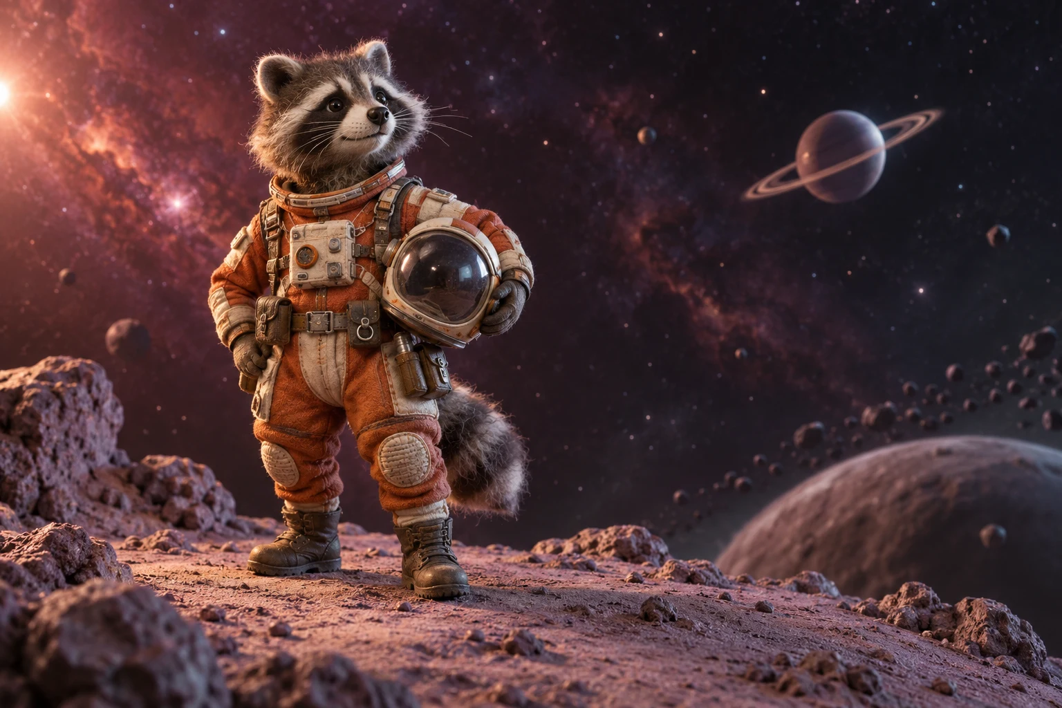 A raccoon space explorer in an orange suit on a distant moon